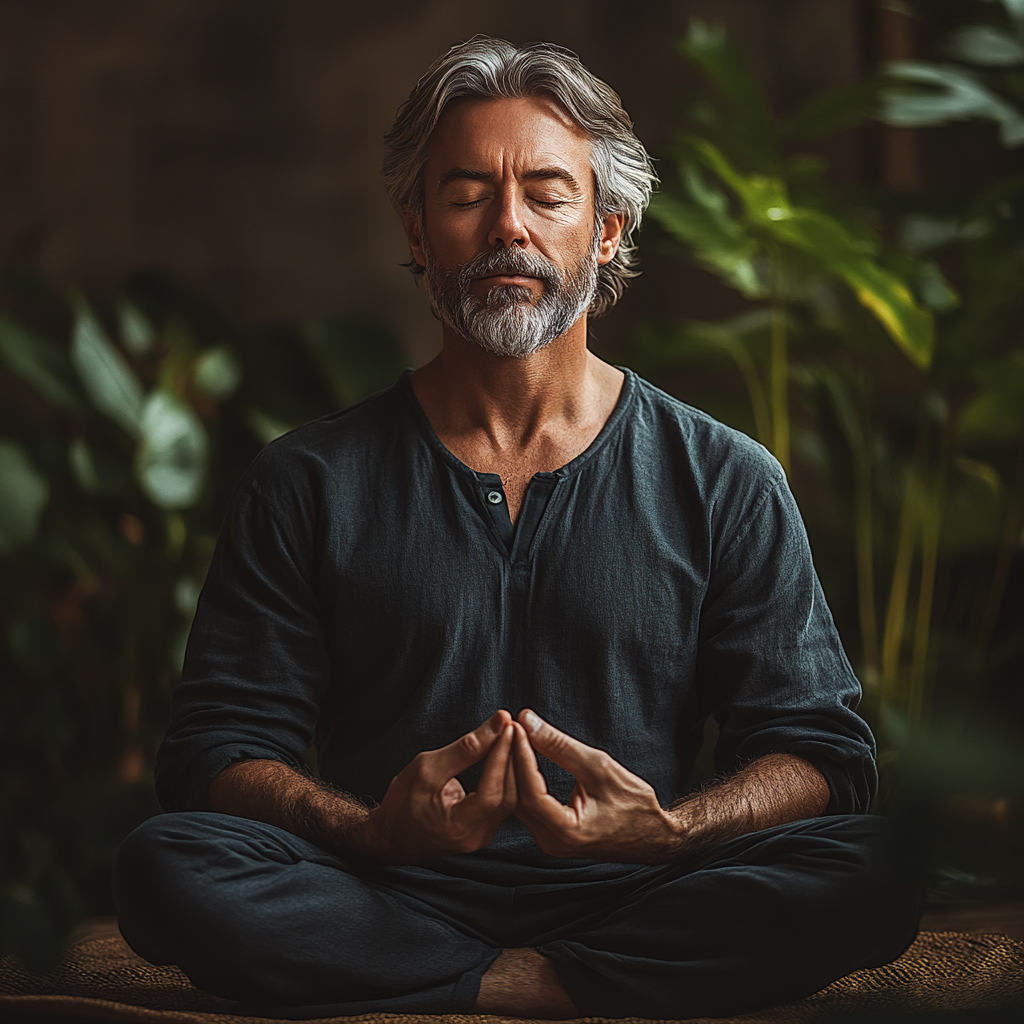 Мъж на 58 години седи в лотусова позиция с затворени очи, практикувайки дишателни техники в тиха обстановка